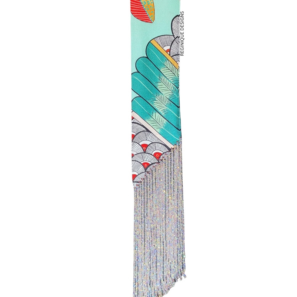 SeraBijoulet™ Handcrafted Silk Skinny Scarf with Beaded Fringe - Picture 4 of 6